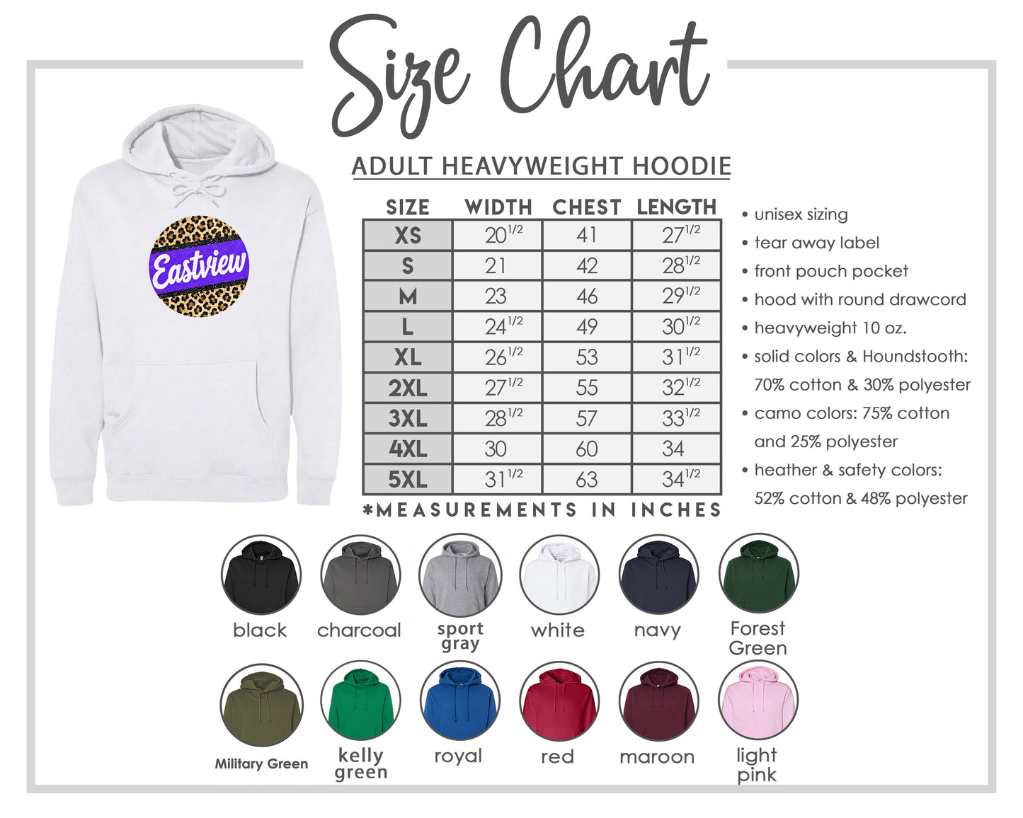 The image is a size chart for an adult heavyweight hoodie, including various color options and measurements in inches.