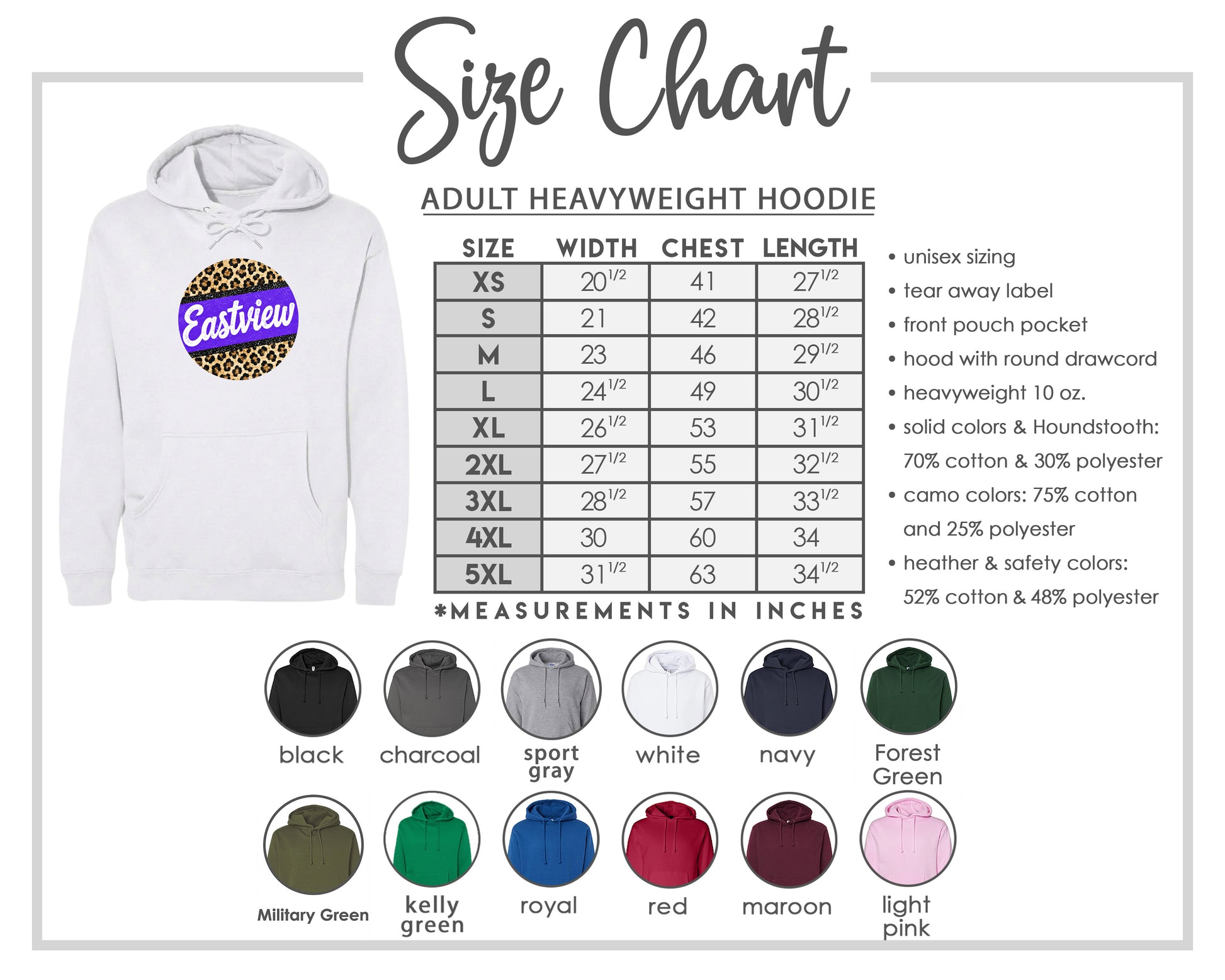 The image is a size chart for an adult heavyweight hoodie, including various color options and measurements in inches.