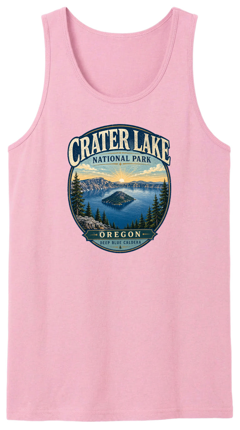A pink tank top with a graphic design depicting Crater Lake National Park in Oregon.
