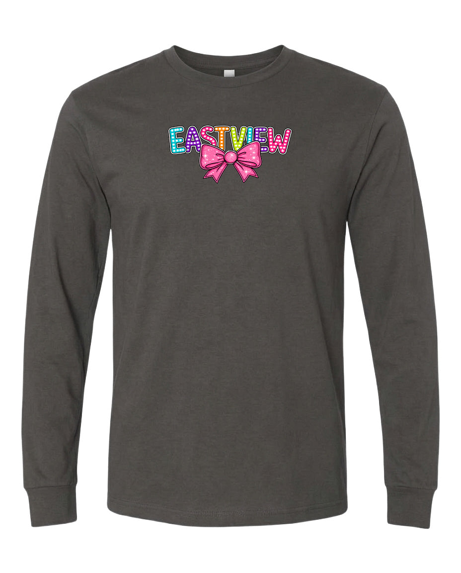 A gray long-sleeved t-shirt with the word "EASTVIEW" printed on it in a colorful, stylized font.
