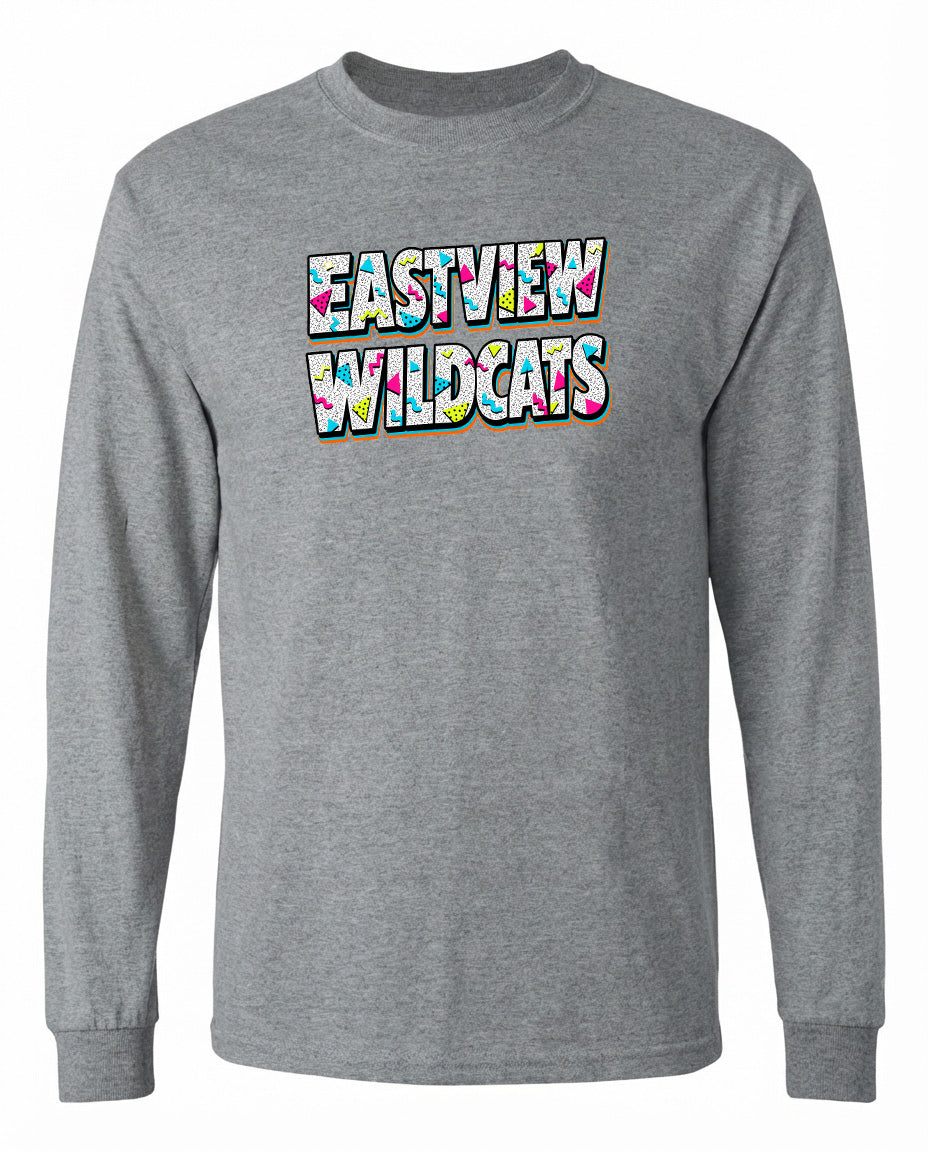 A gray long-sleeved shirt with the text "EASTVIEW WILDCATS" printed on it in a colorful, stylized font.