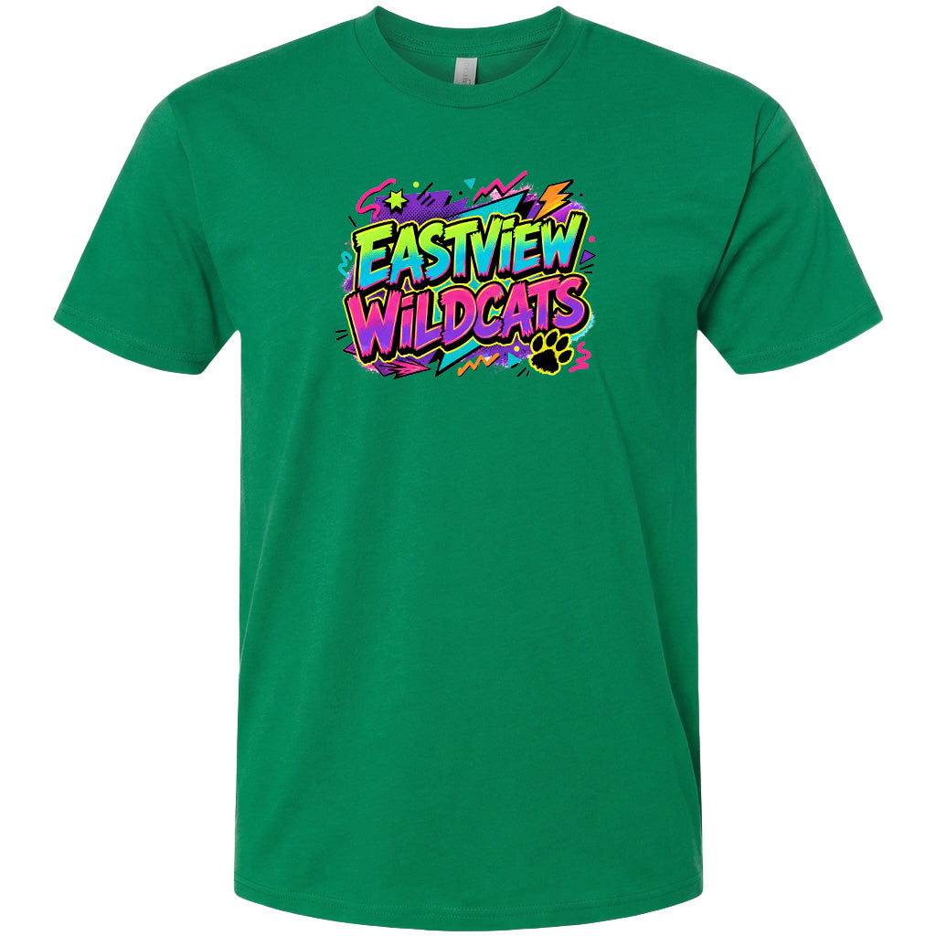 A green t-shirt with a colorful graphic design featuring the text "EASTVIEW WILDCATS" in a vibrant, graffiti-style font.