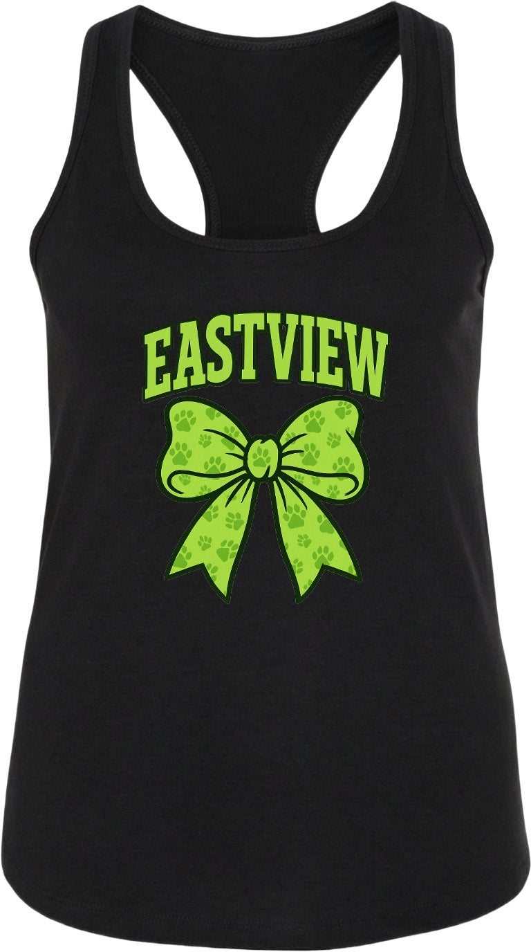 A black tank top with a green bow and the text "EASTVIEW" printed on it.