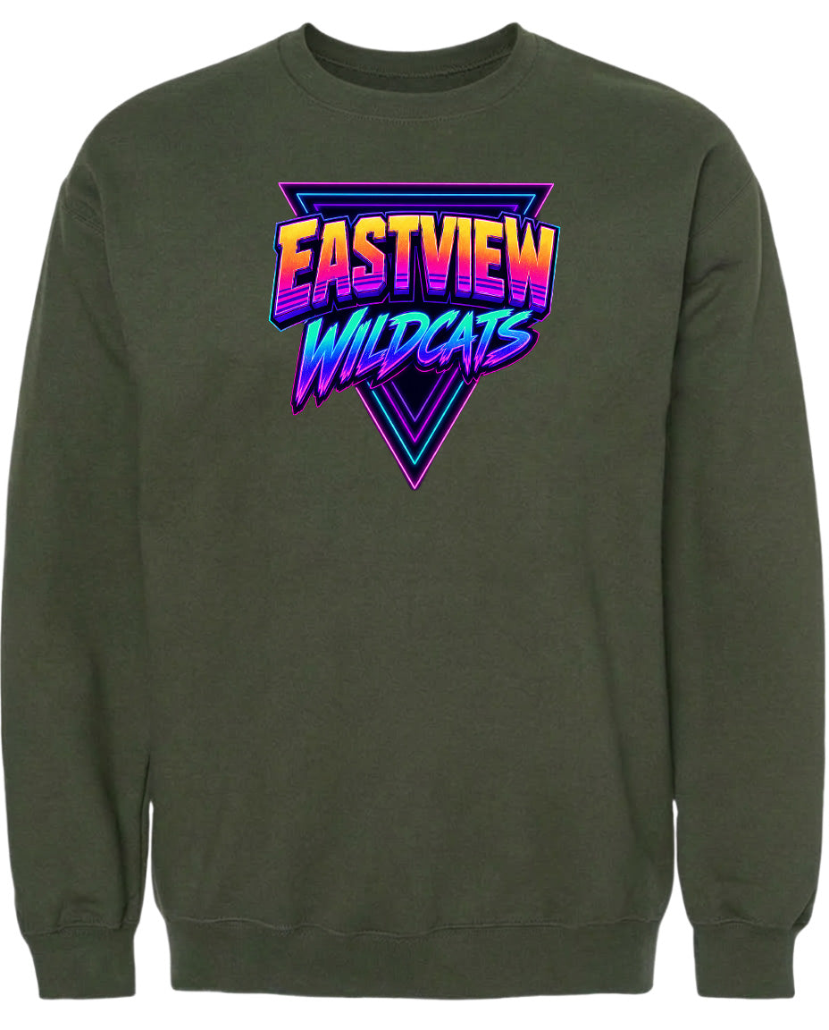 A dark green sweatshirt with a graphic design featuring the text "EASTVIEW WILDCATS" in a colorful, retro-style font.