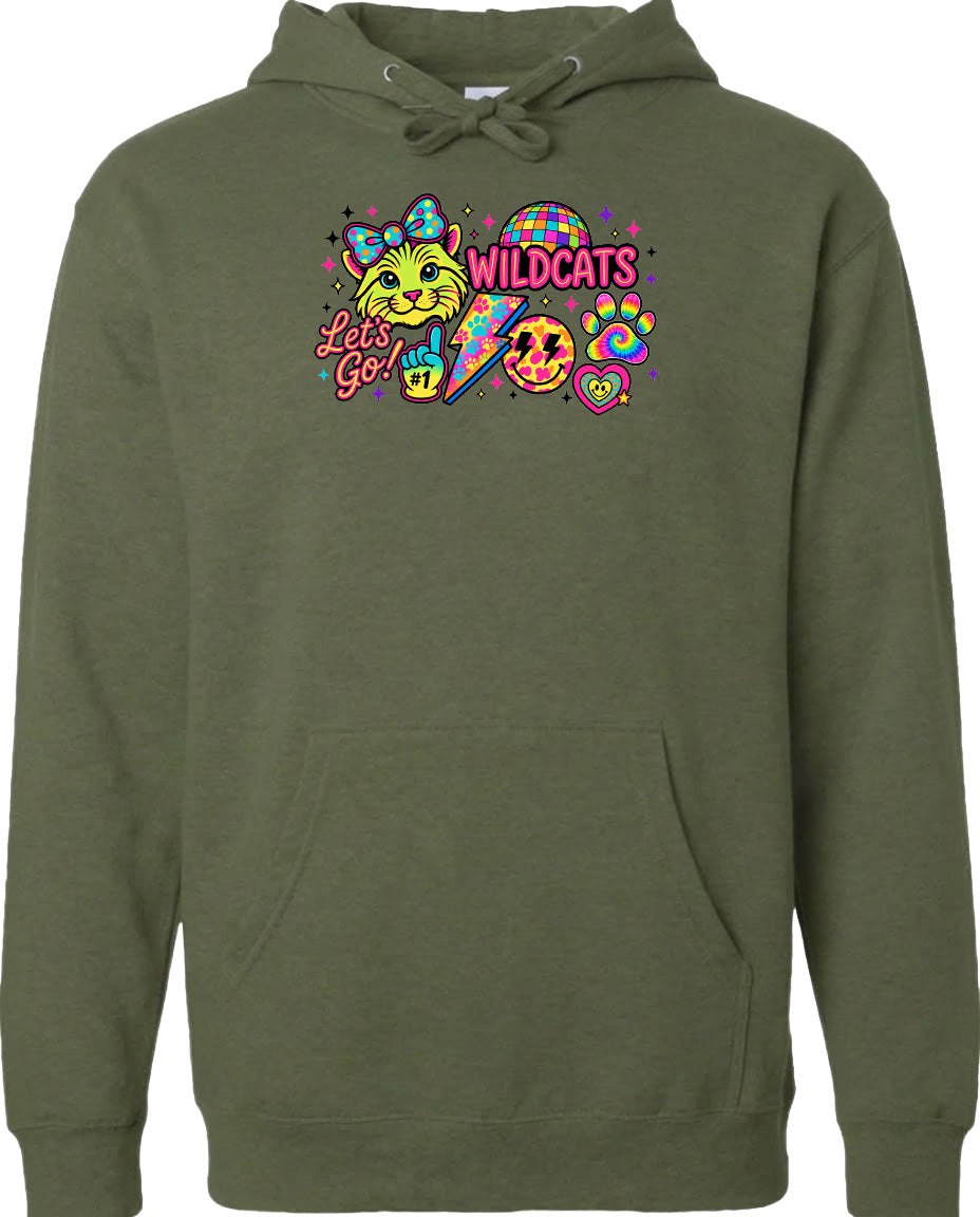 A green hoodie with a colorful graphic design featuring a cartoon cat, a rainbow, and various other elements.