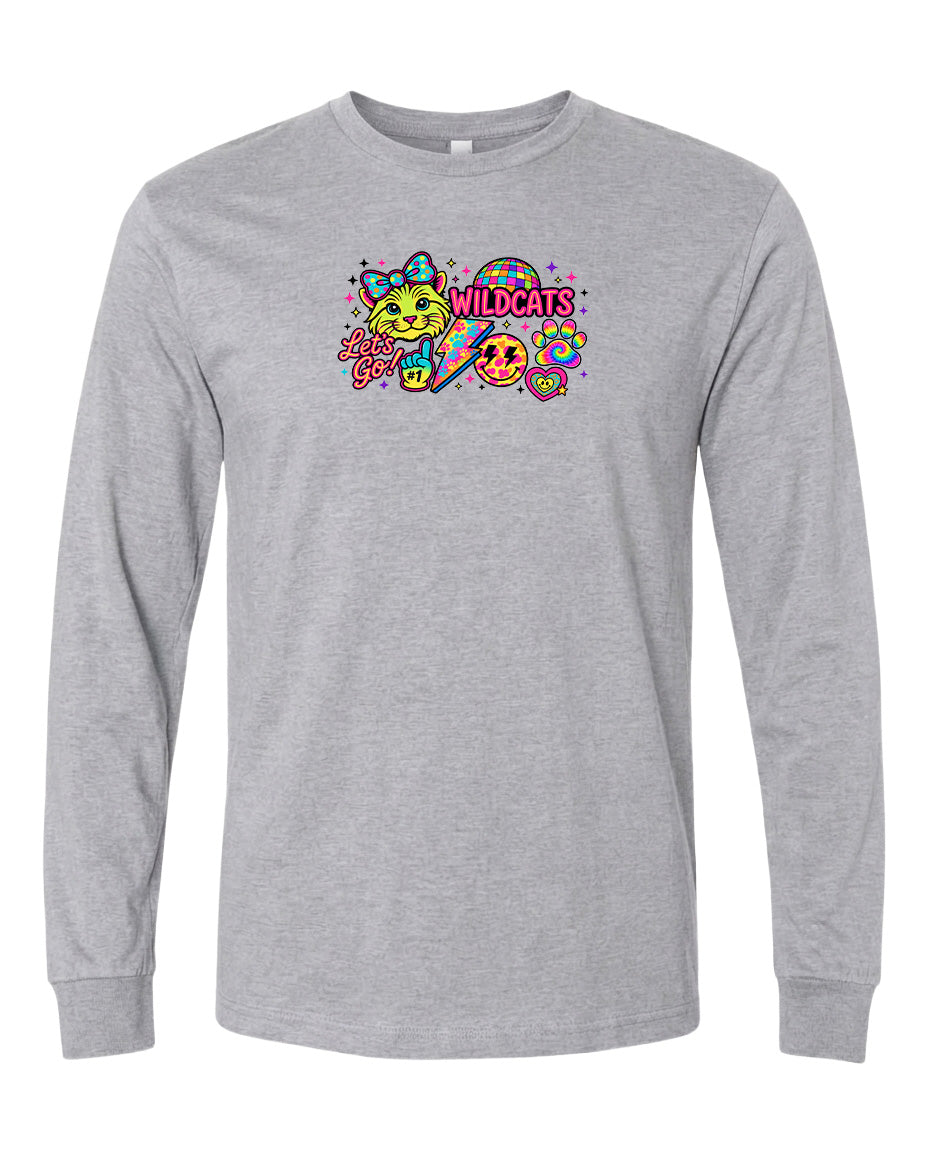 A gray long-sleeved t-shirt with a colorful graphic design featuring a smiling face, a cat, and the text "Wildcats" in a playful font.