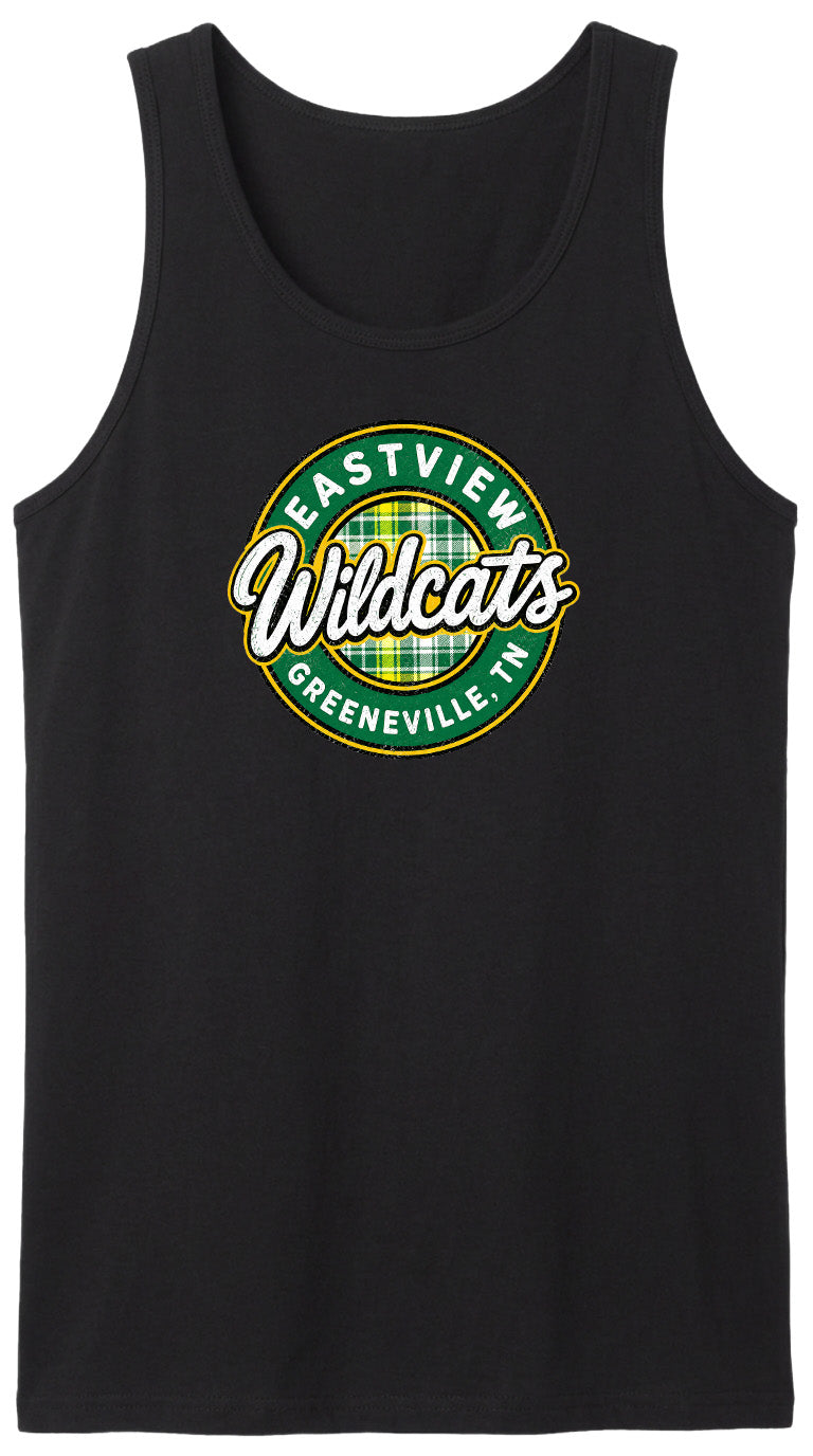 A black tank top with a graphic design featuring the text "EASTVIEW Wildcats Greeneville, TN" in a circular pattern.