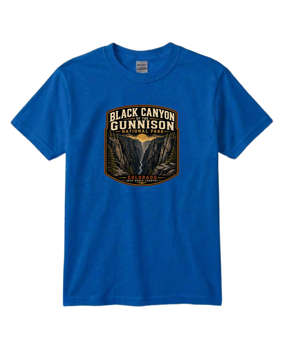 A blue t-shirt with a graphic design depicting the Black Canyon of the Gunnison National Park.