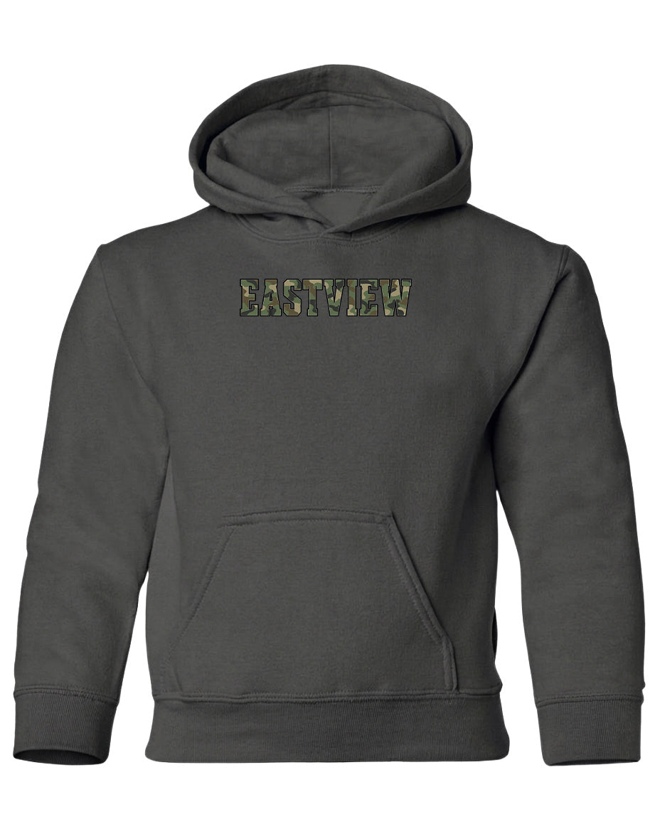A gray hooded sweatshirt with the word "EASTVIEW" printed on it in a camouflage pattern.