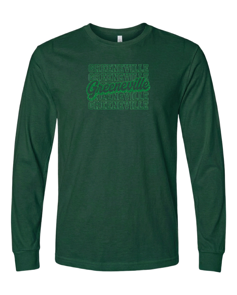 A dark green long-sleeved t-shirt with a graphic design on the front.