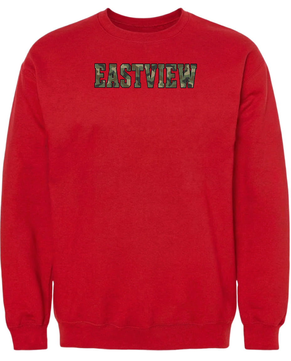 A red sweatshirt with the word "EASTVIEW" printed on it in a stylized font.