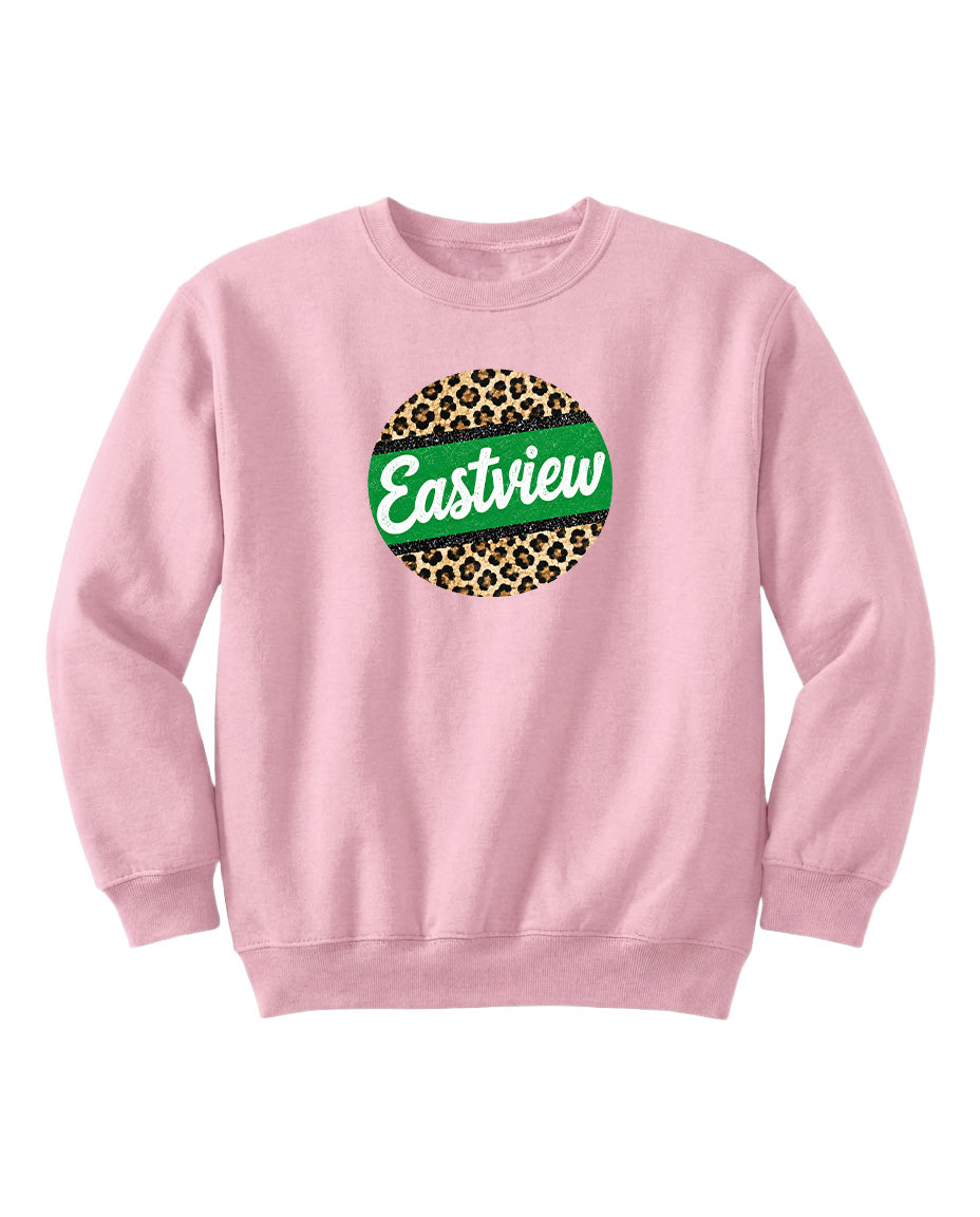 A pink sweatshirt with a leopard print design and the word "Eastview" printed on it.