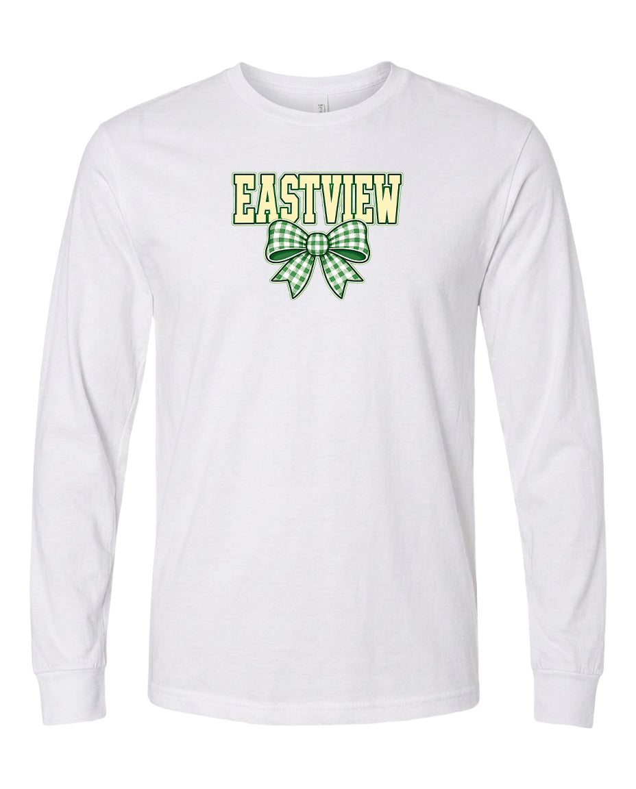 A white long-sleeved t-shirt with a green and white checkered bow and the word "EASTVIEW" printed on it.