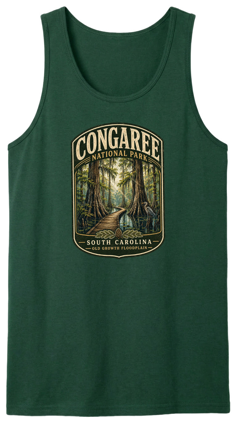 A green tank top with a graphic design depicting a forest scene with a path leading through it, surrounded by trees and foliage.