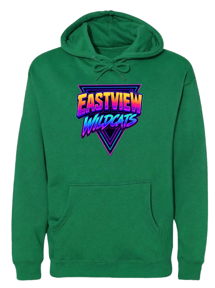 A green hoodie with a graphic design featuring the text "EASTVIEW WILDCATS" in a colorful, retro-style font.