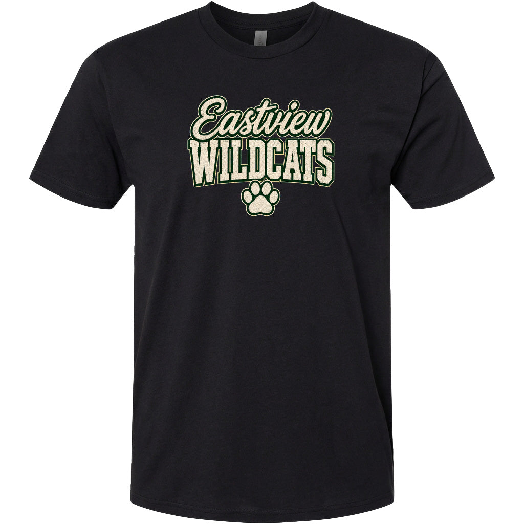A black t-shirt with the text "Eastview Wildcats" printed on it.