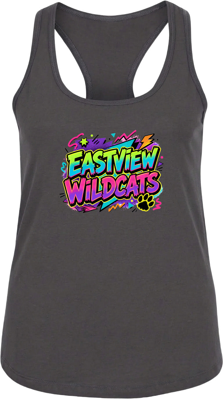 A gray tank top with a colorful graphic design featuring the text "EASTVIEW WILDCATS" and a paw print.
