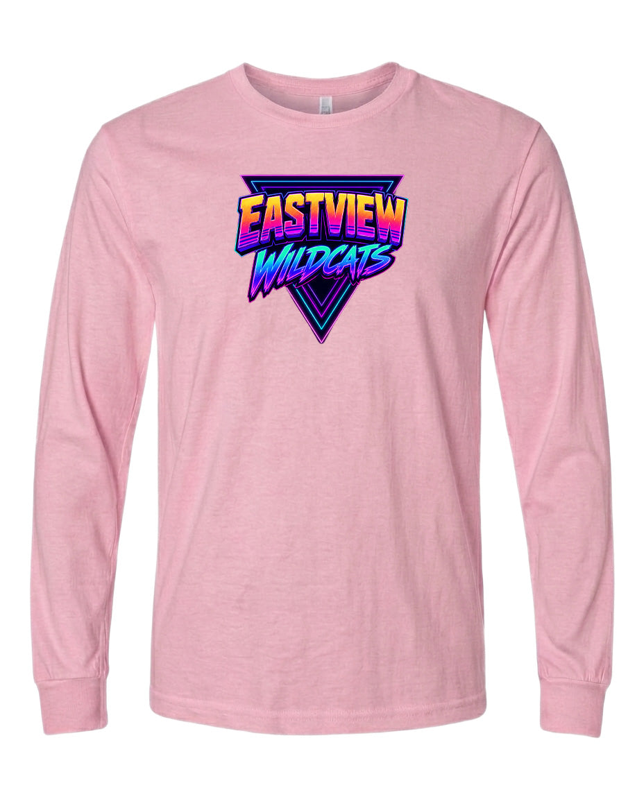 A pink long-sleeved t-shirt with a graphic design featuring the text "EASTVIEW WILDCATS" in a colorful, retro-style font.