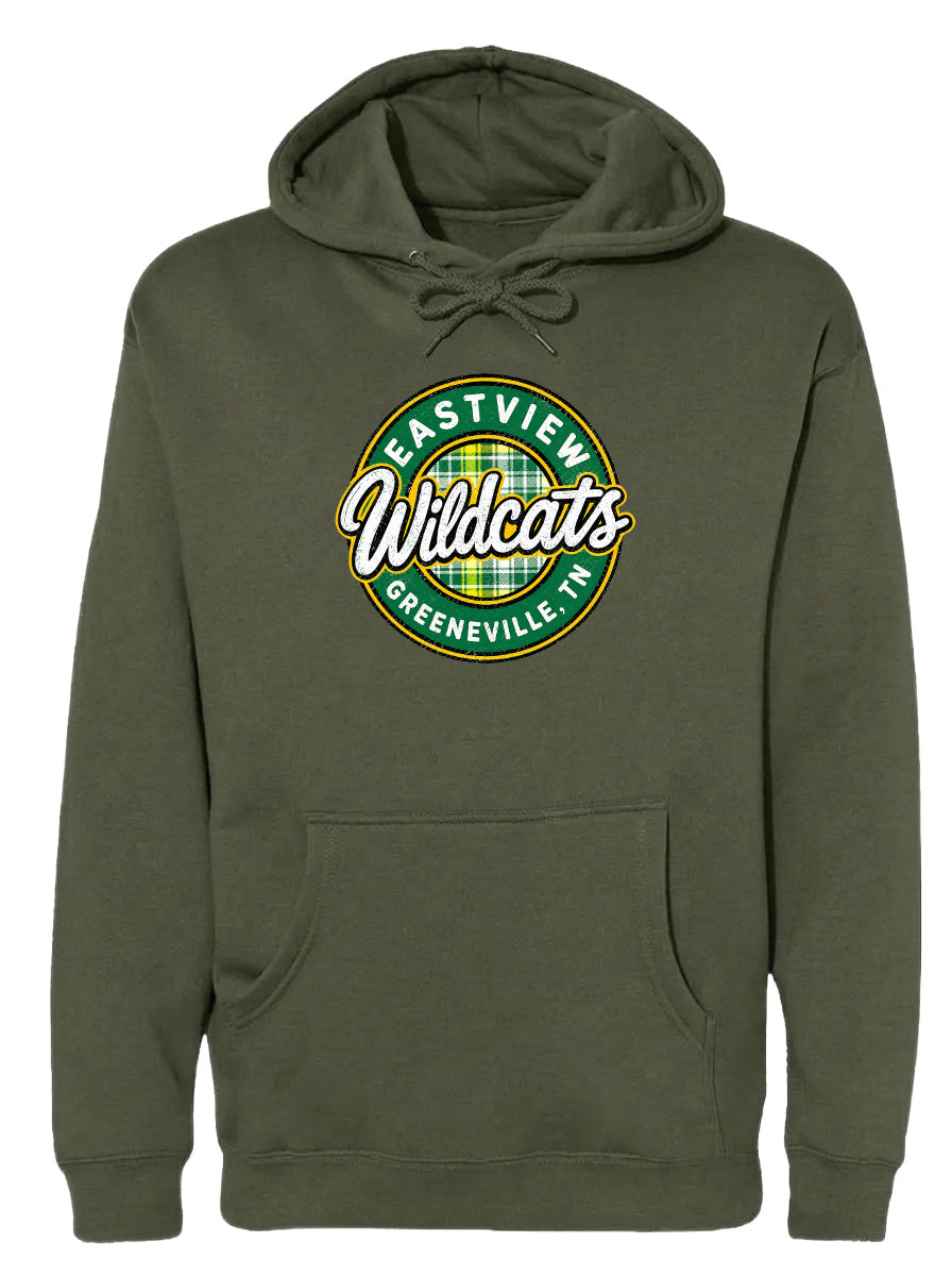 A dark green hoodie with a circular logo on the front.