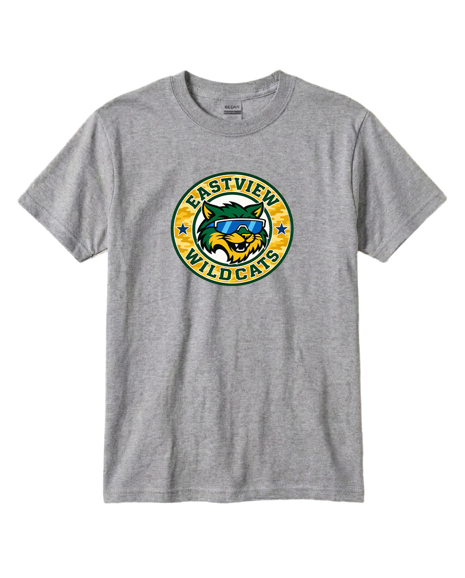 A gray t-shirt with a graphic design featuring a cartoon-like wildcat wearing sunglasses and the text "EASTVIEW WILD CAT" printed on it.