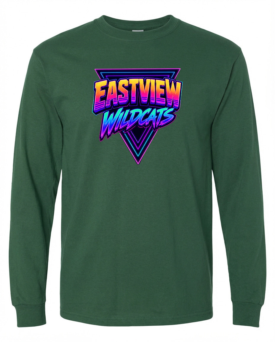 A green long-sleeved shirt with a graphic design featuring the text "EASTVIEW WILDCATS" in a colorful, retro-style font.