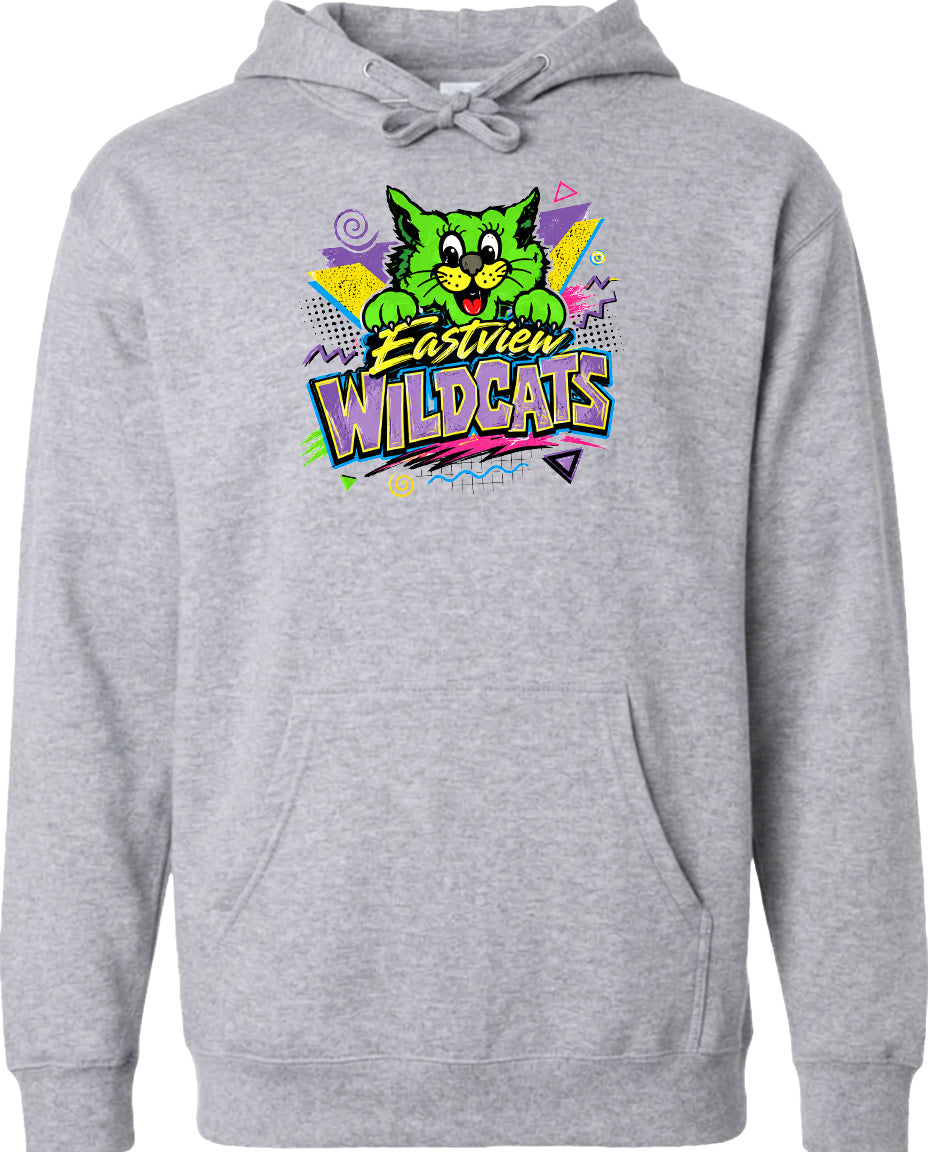 A gray hoodie with a colorful graphic design featuring a cartoon cat and the text "Easter Wildcats" printed on it.