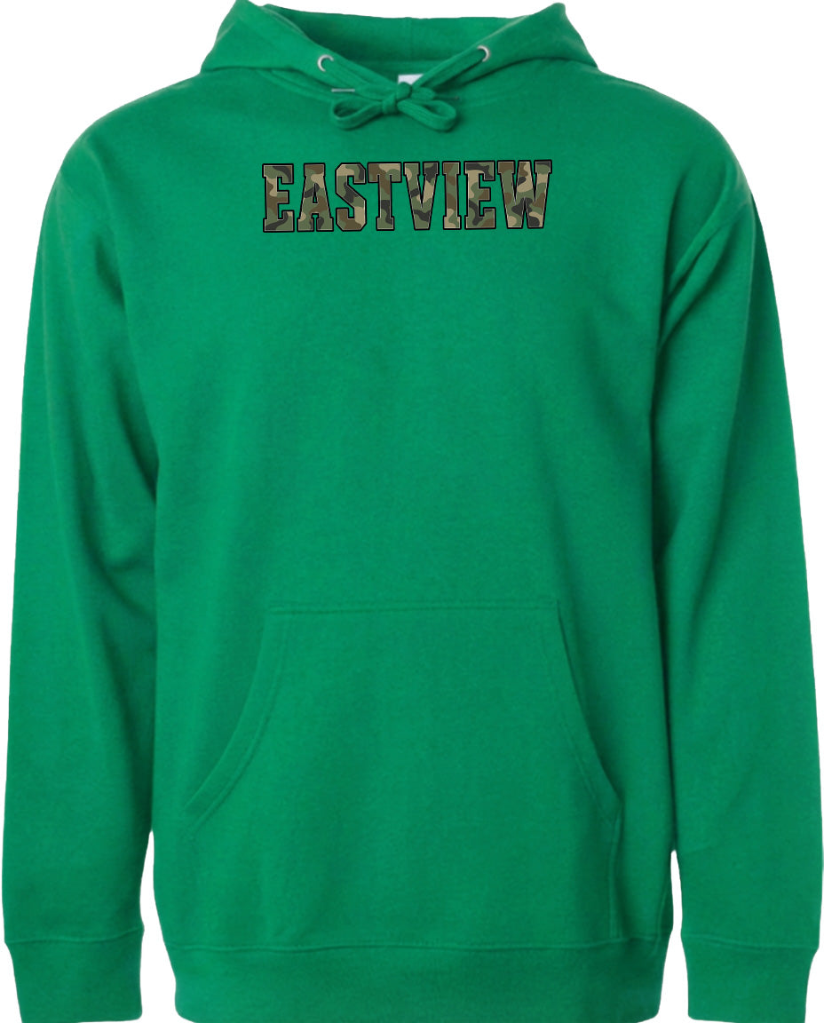 A bright green hoodie with the word "EASTVIEW" printed on it.