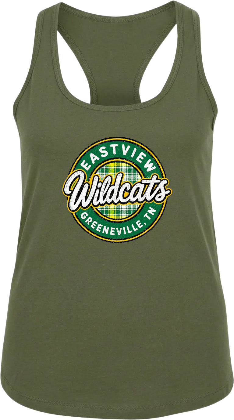 A green tank top with a circular logo that says "EASTVIEW Wildcats Greeneville, TN".