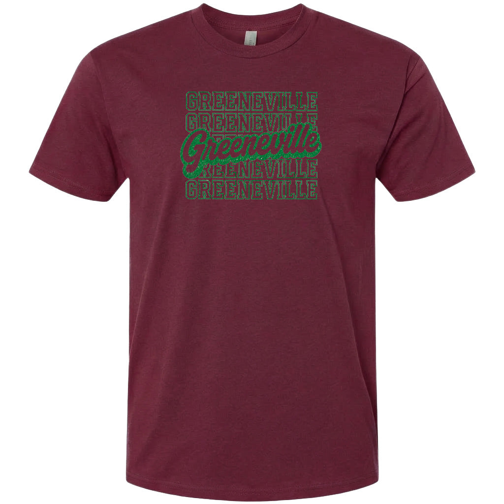 A burgundy-colored t-shirt with a graphic design featuring the text "Greenville" repeated in a pattern across the front.