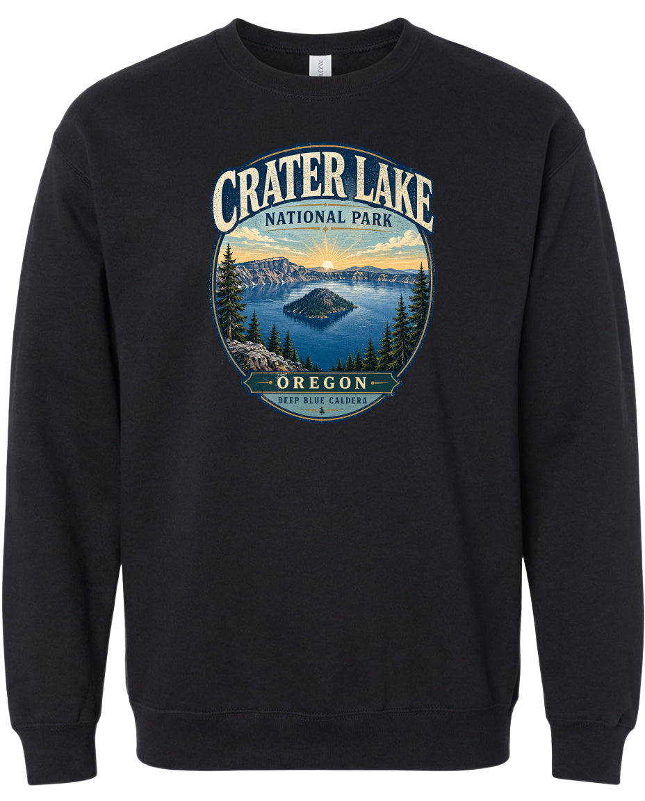 A black sweatshirt with a graphic design depicting Crater Lake National Park in Oregon.