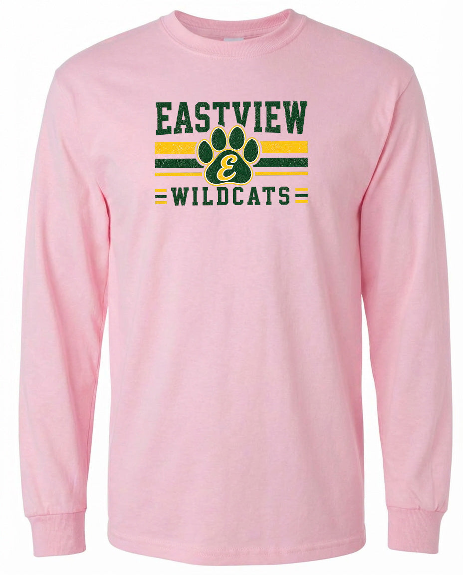 A pink long-sleeved t-shirt with a graphic design featuring the text "EASTVIEW WILDCATS" and a paw print symbol.