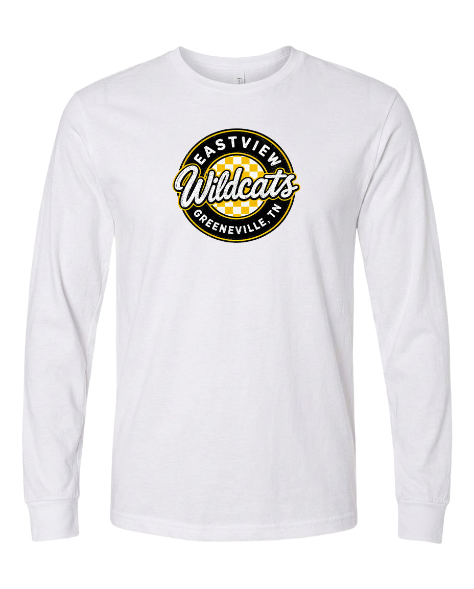 A white long-sleeved t-shirt with a black and yellow logo on the front.