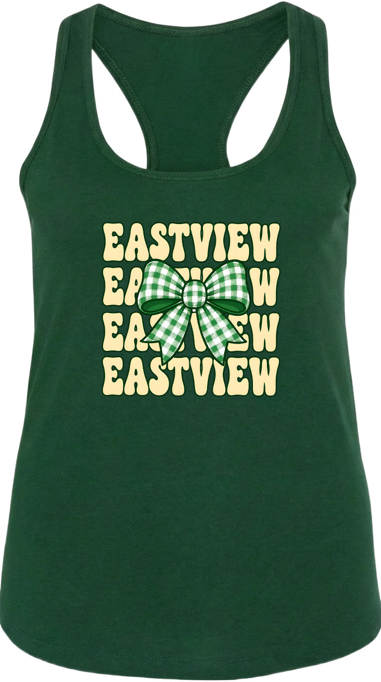 A green tank top with a bow and the text "EASTVIEW" printed on it.