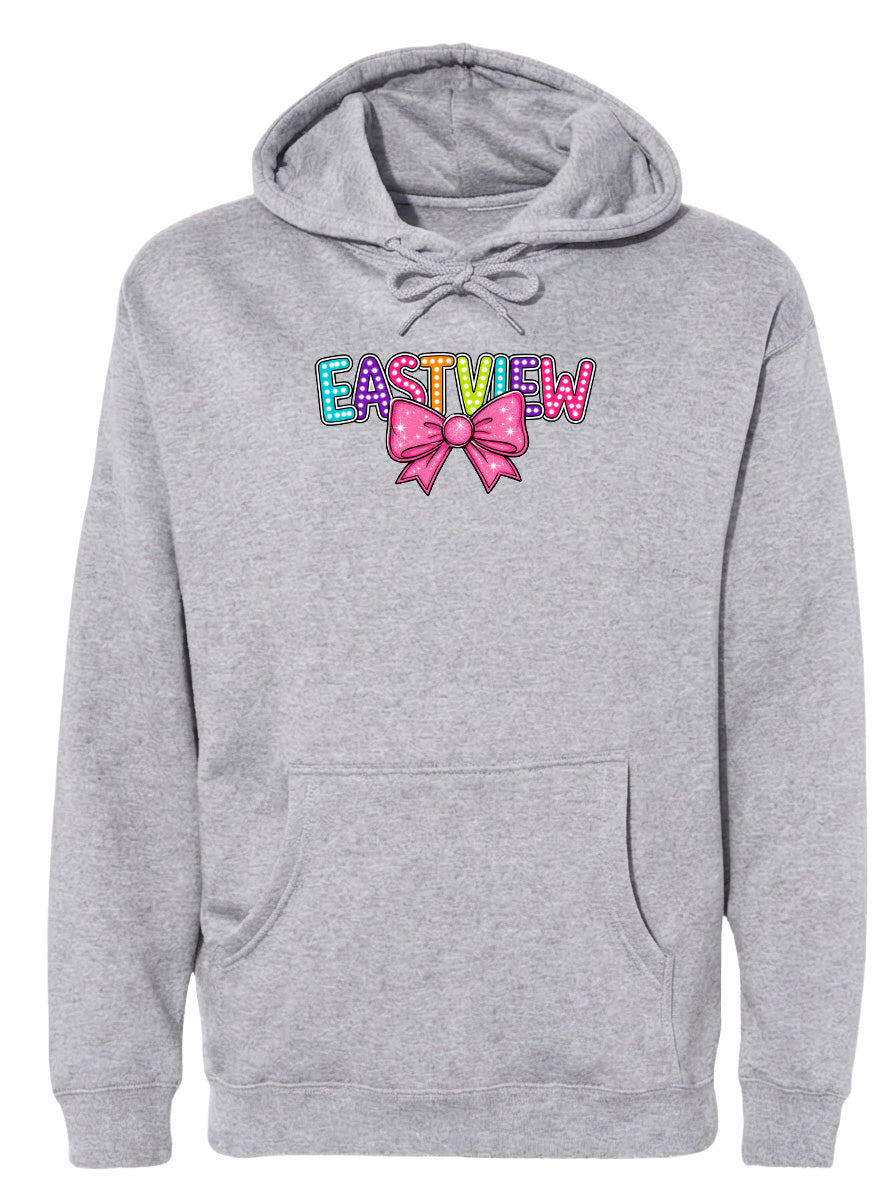A gray hoodie with a colorful bow and the word "EASTVIEW" printed on it.