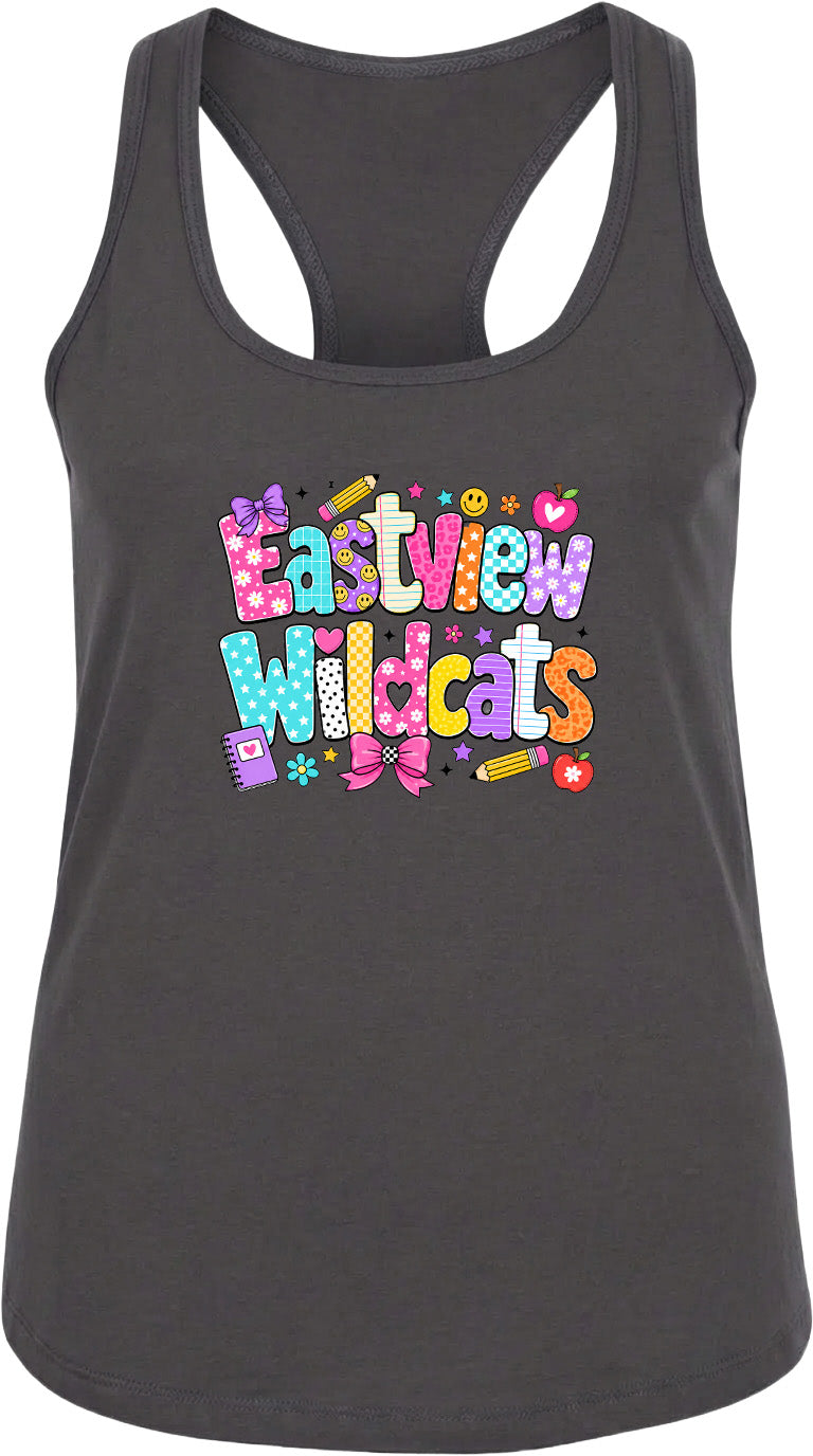 A gray tank top with a colorful graphic design featuring the text "Eastview Wildcats" in a playful, cartoon-like font.
