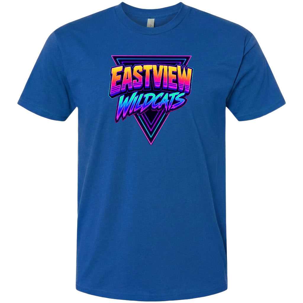 A blue t-shirt with a graphic design featuring the text "EASTVIEW WILDCATS" in a stylized font.