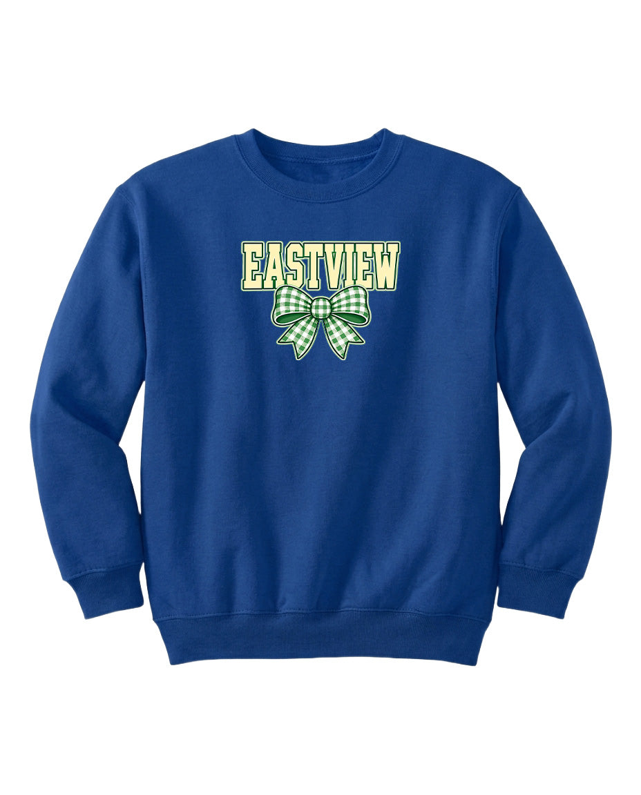 A blue sweatshirt with the word "EASTVIEW" printed on it, along with a green and white bow design.