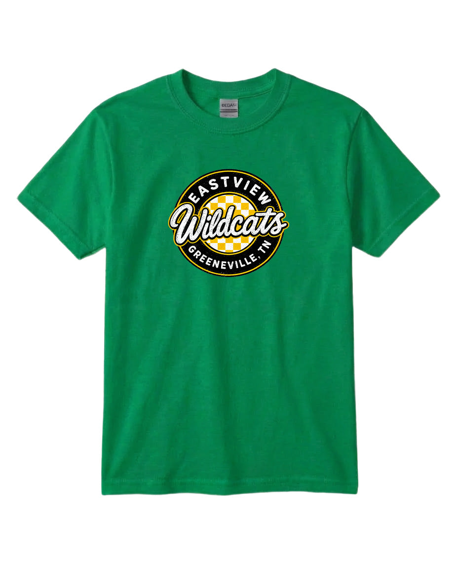 A green t-shirt with a circular logo that says "Eastview Wildcats Greeneville, TN".