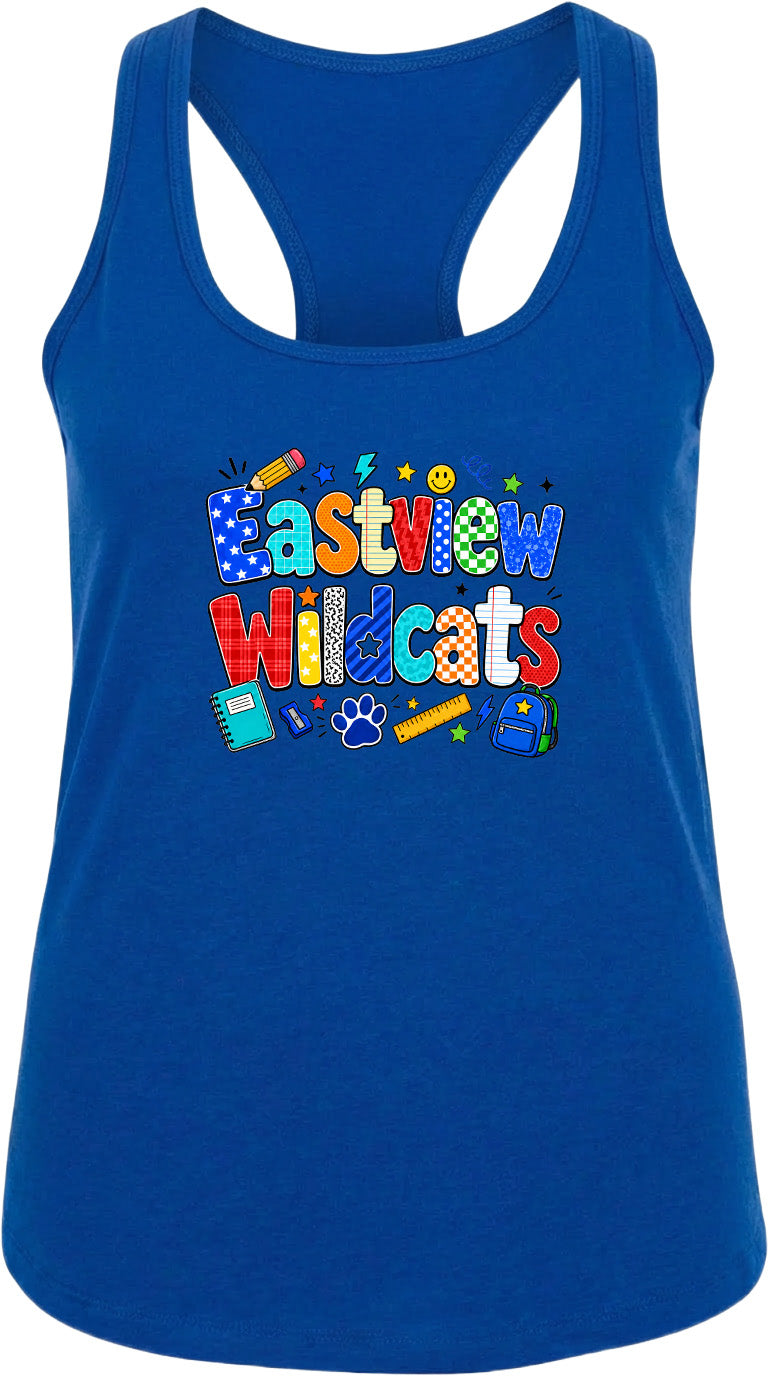 A blue tank top with the text "Eastview Wildcats" printed on it.