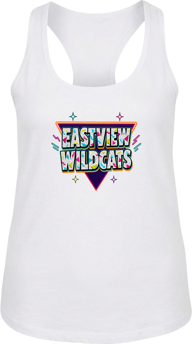 A white tank top with a colorful graphic design featuring the text "EASTVIEW WILDCATS" in a retro style.