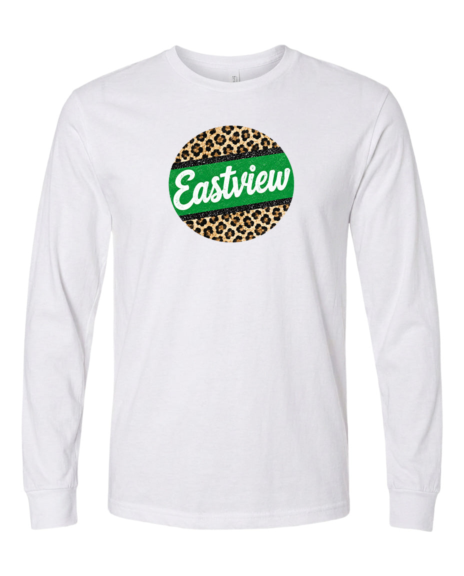 A white long-sleeved t-shirt with a circular logo on the front. The logo features a green border and a leopard print design.