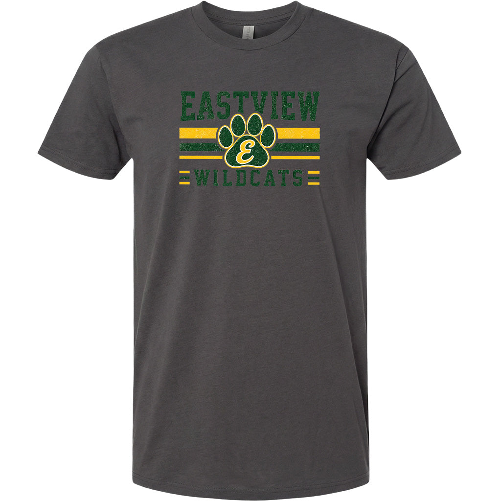 A gray t-shirt with a graphic design featuring a paw print and the text "EASTVIEW WILDCATS" printed on it.