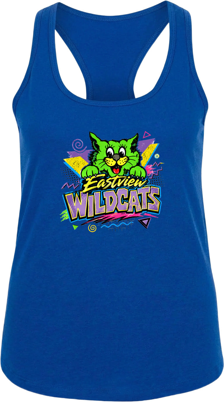 A blue tank top with a colorful graphic design featuring a cartoon cat and the text "Eastview Wildcats".