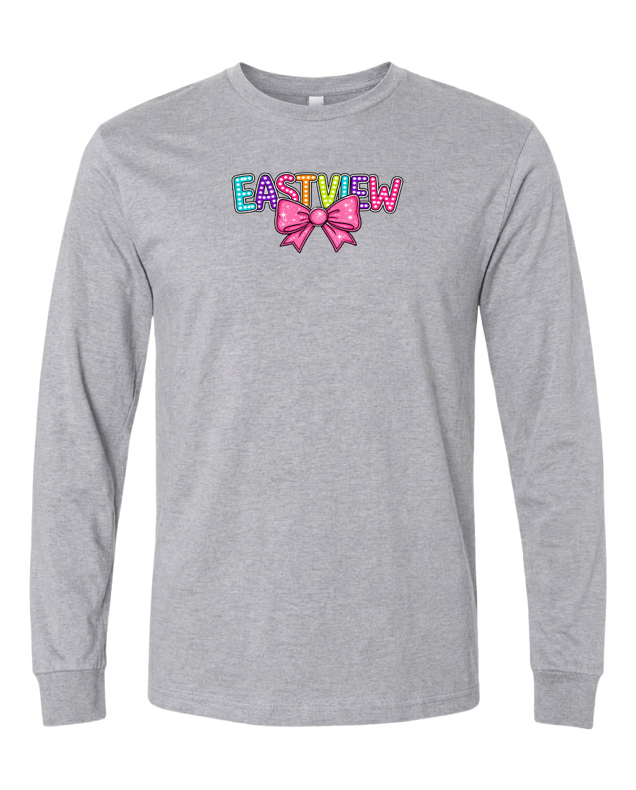 A gray long-sleeved t-shirt with a colorful graphic design on the front.