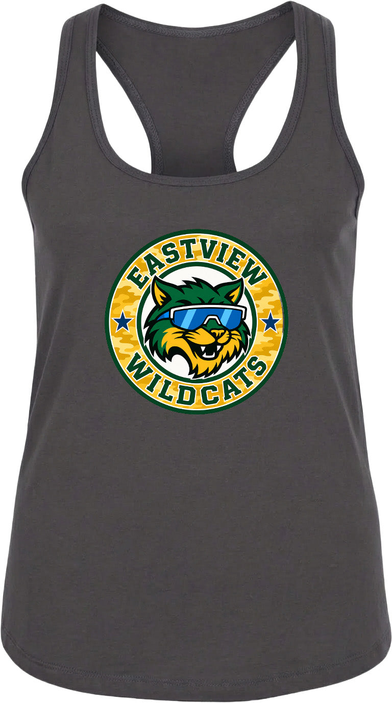 A gray tank top with a circular logo featuring a cartoon cat wearing sunglasses and the text "EASTVIEW WILDCATS".