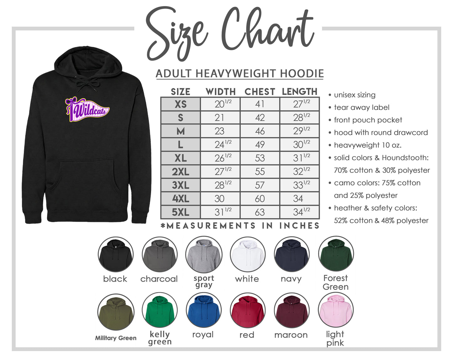 The image is a size chart for an adult heavyweight hoodie, including various color options and measurements in inches.
