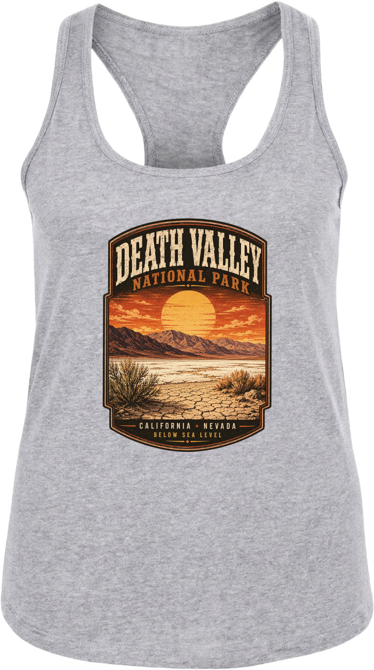 A gray tank top with a graphic design depicting Death Valley National Park, including a sunset over the desert landscape and mountains in the background.