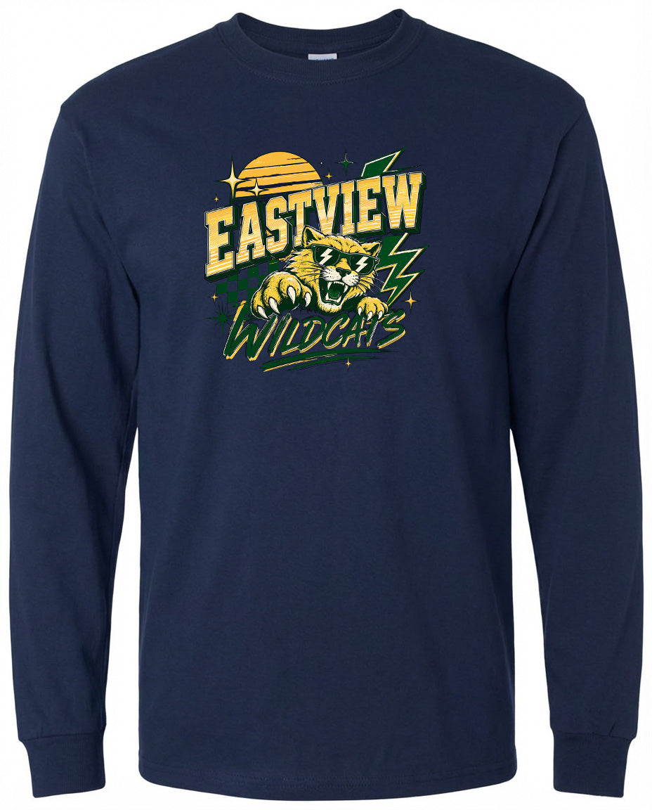 A navy blue long-sleeved t-shirt with a graphic design featuring a tiger and the text "EASTVIEW WILDCATS" printed on it.