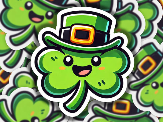 a bunch of stickers with a green hat on top of them