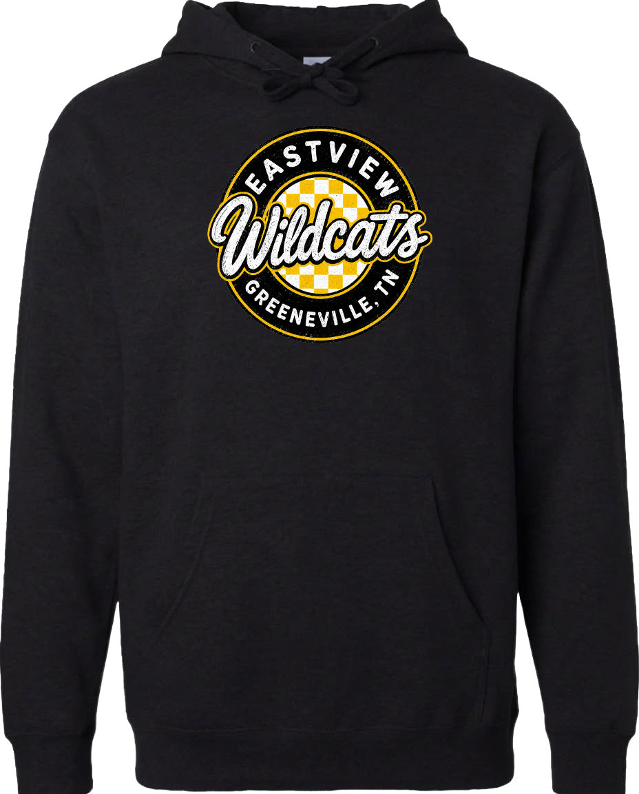 A black hoodie with a logo on the front.